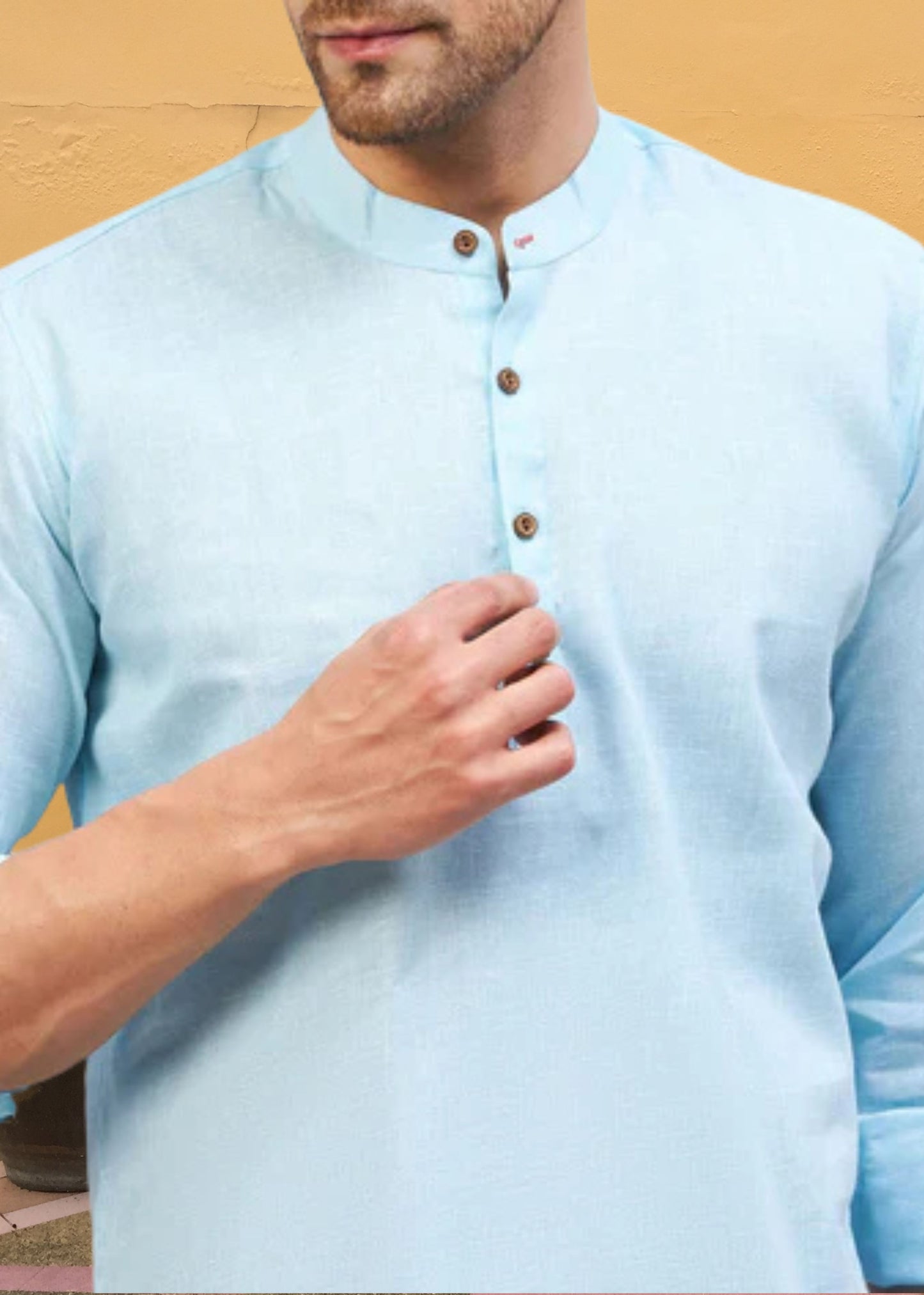 Men Sky Blue Solid Short Kurta