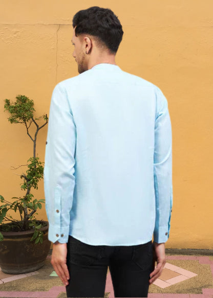 Men Sky Blue Solid Short Kurta