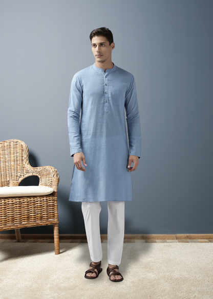 Men Sky Blue Cotton Linen kurta Pyjama