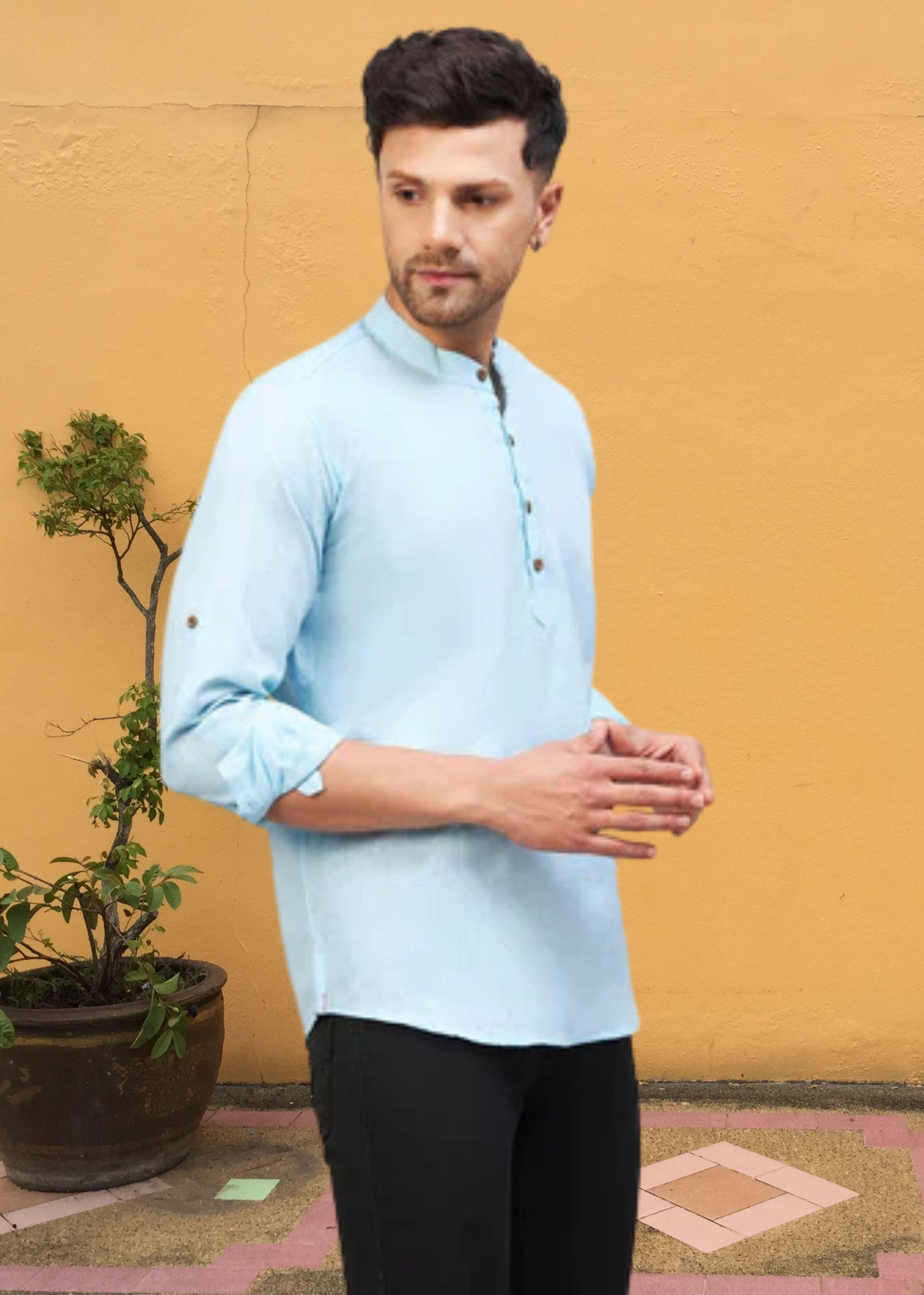 Men Sky Blue Solid Short Kurta