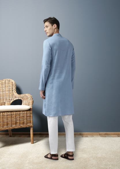 Men Sky Blue Cotton Linen kurta Pyjama