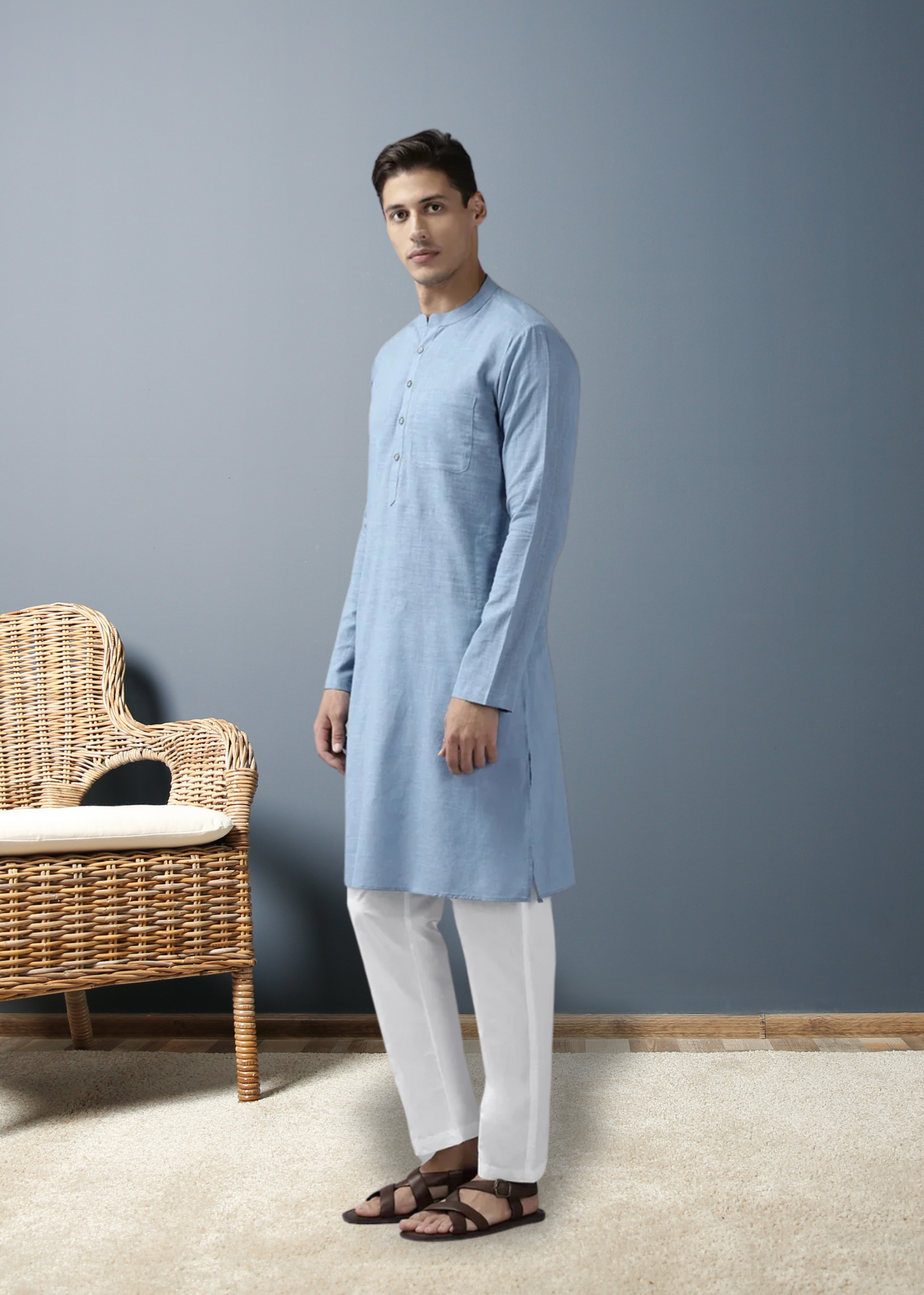 Men Sky Blue Cotton Linen kurta Pyjama