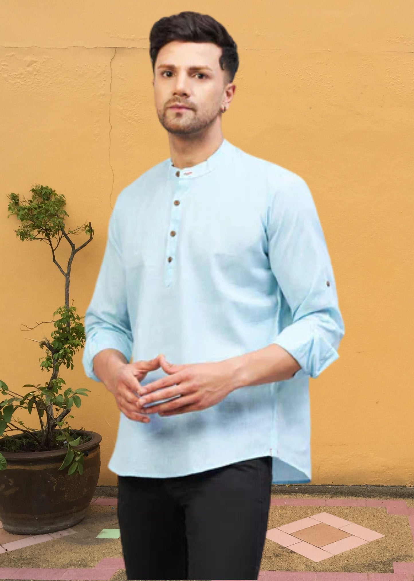 Men Sky Blue Solid Short Kurta