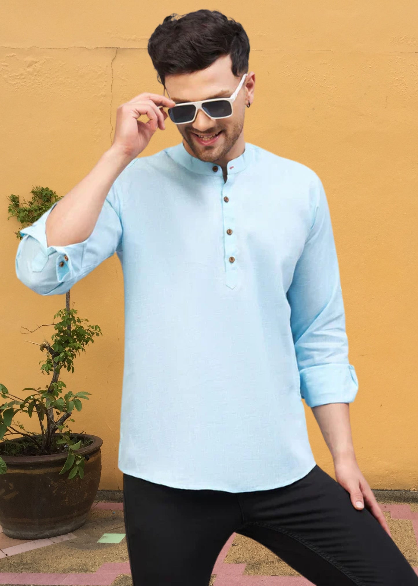 Men Sky Blue Solid Short Kurta